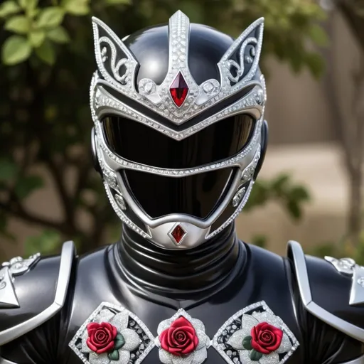 Prompt: Knight power ranger in black and silver with crystal roses 