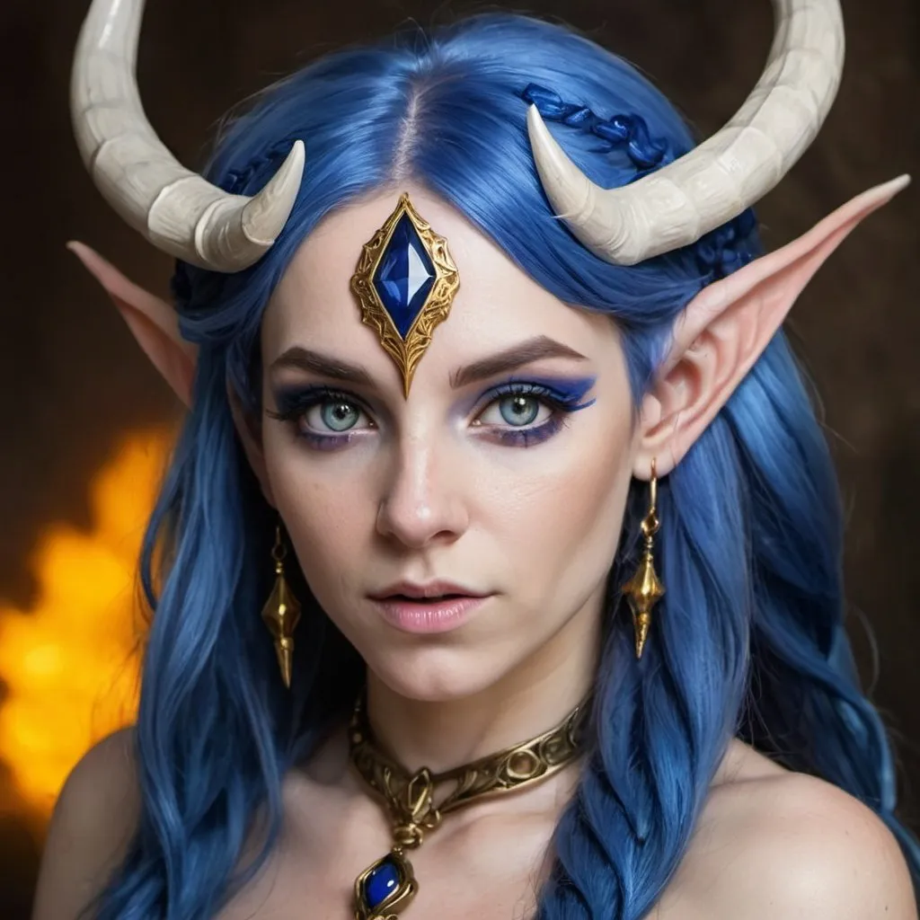 Prompt: Horned elf woman with sapphire hair and amber eyes 