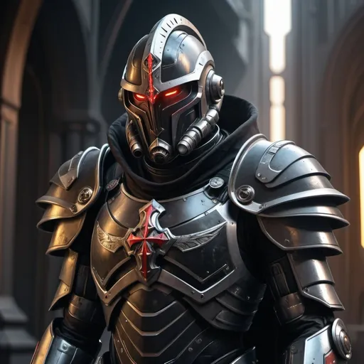 Prompt: Sci-fi templar with power armor and shoulder cape in black 