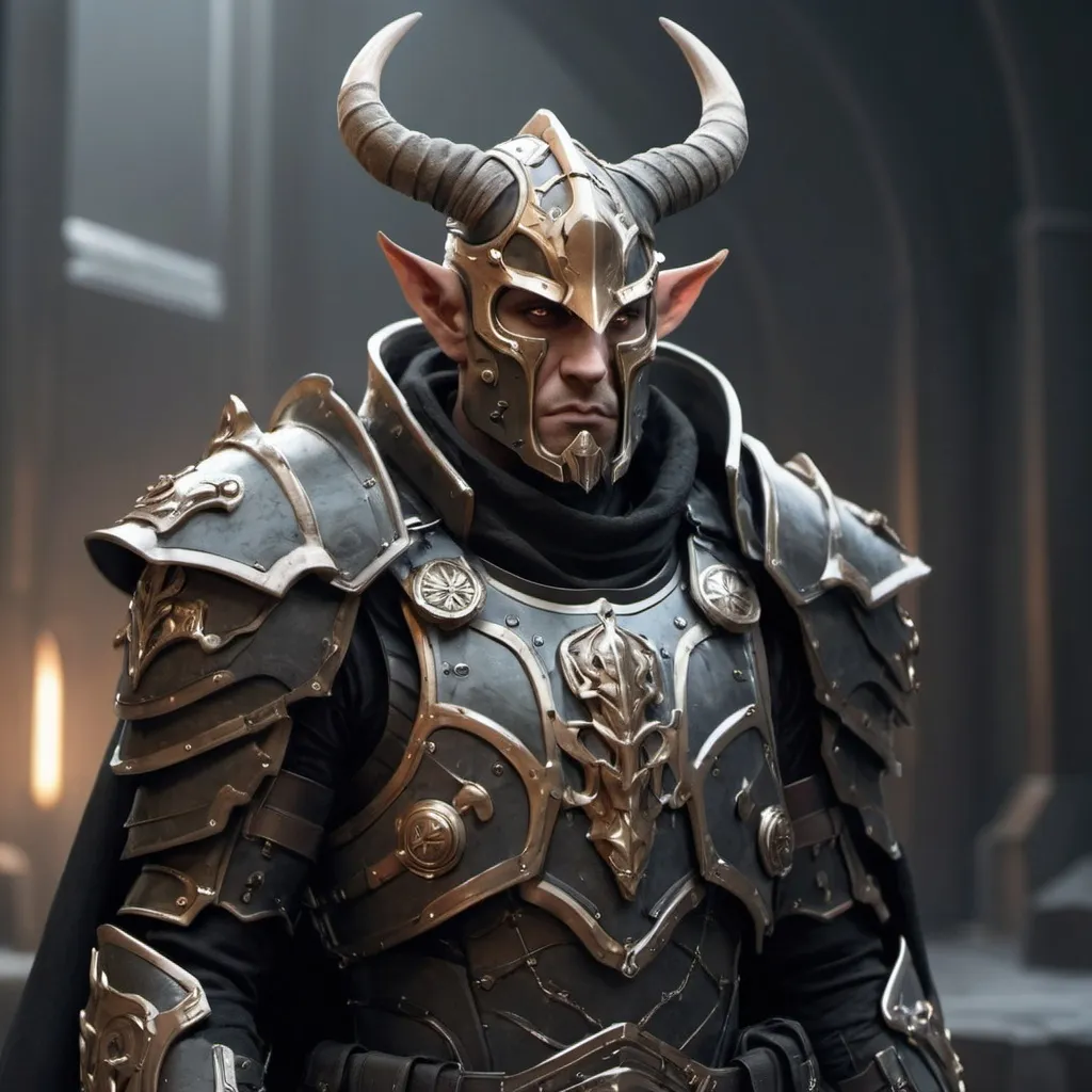 Prompt: Sci-fi soldier with horns that has norse and gothic design armor with a shoulder cape