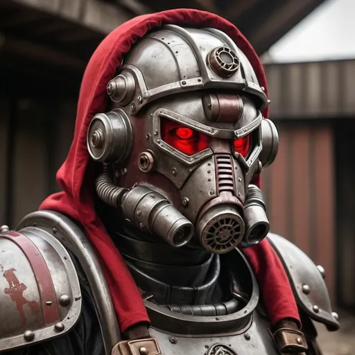 Prompt: Dieselpunk fallout power armor with roman design with a crimson hooded helmet 