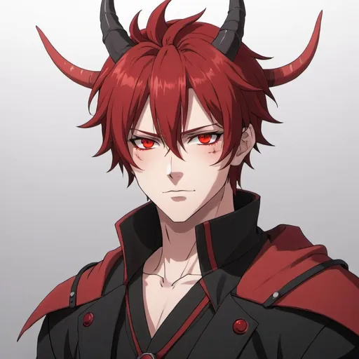 Prompt: Anime male protagonist with horns and red and black hair with red eyes