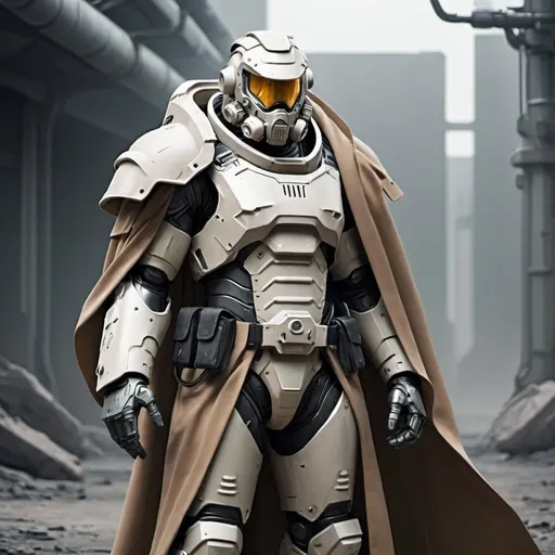 Prompt: Sci-fi soldier in power armor with a shoulder cape and trench coat 