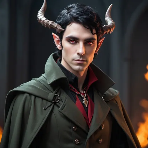 Prompt: Elf male with horns and black hair with red highlights, with a fine toned jawline and has a trench coat with a shoulder cape with gothic design that has fiery amber eyes 