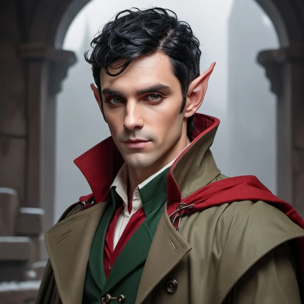 Prompt: Elf male with horns and black hair with red highlights, with a fine toned jawline and has a trench coat with a shoulder cape