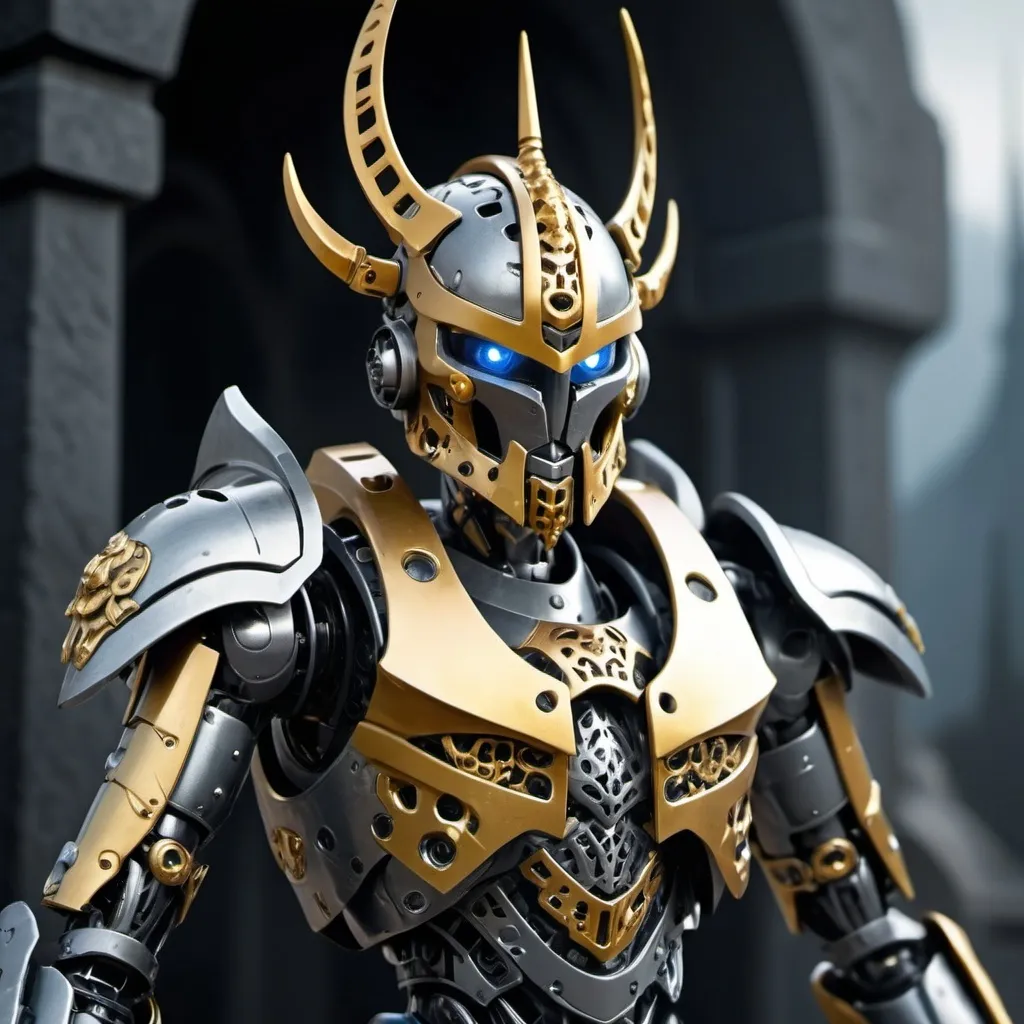 Prompt: Sci-fi Bionicle soldier with gothic design in gold and silver with a spiked crown 