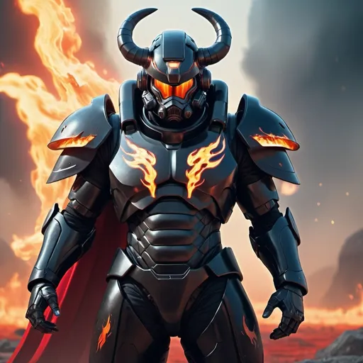 Prompt: Sci-fi male soldier in black power armor with energy cape with a bit of flame with horns