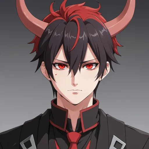 Prompt: Anime male protagonist with horns and red and black hair with red eyes