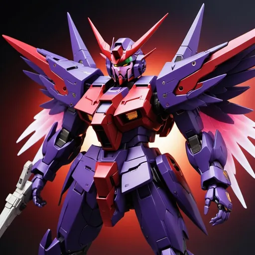 Prompt: Gundam devil with energy wings in red and purple and black with halo