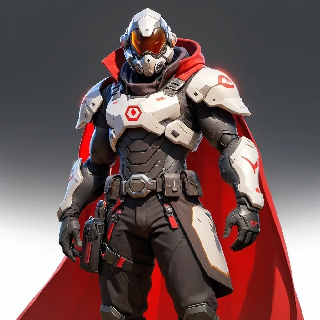 Prompt: Male overwatch soldier with Knight helmet in black and has a trench coat with a cape on the left shoulder in red