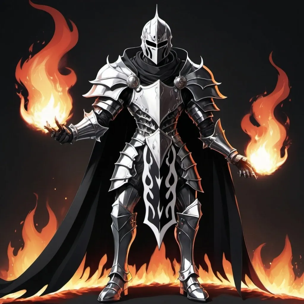 Prompt: Evil anime knight with black and white flame cape 