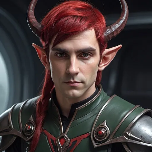 Prompt: Male elf Sci-fi protagonist with horns and red and black hair 