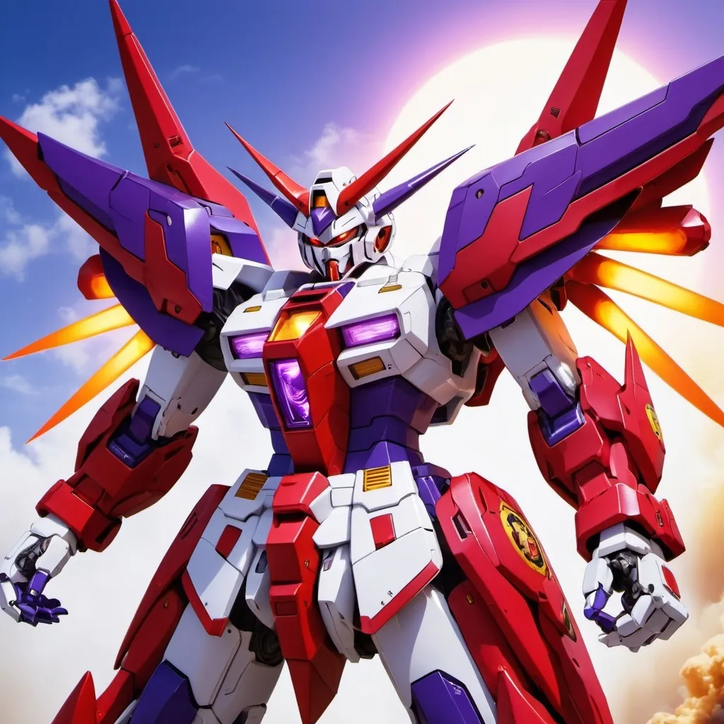 Prompt: Devil gundam mech with wings of red and purple energy blazing like the sun