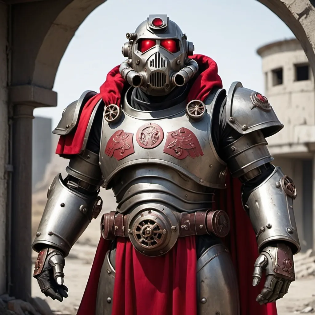 Prompt: Dieselpunk bulky fallout power armor with roman design with a crimson shoulder cape and crimson hooded helmet 