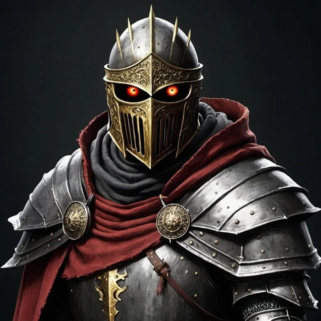 Prompt: Dark souls Knight with one gold eye and one red eye with shoulder cape 