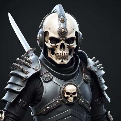 Prompt: Sci-fi swordsman with skull helmet 