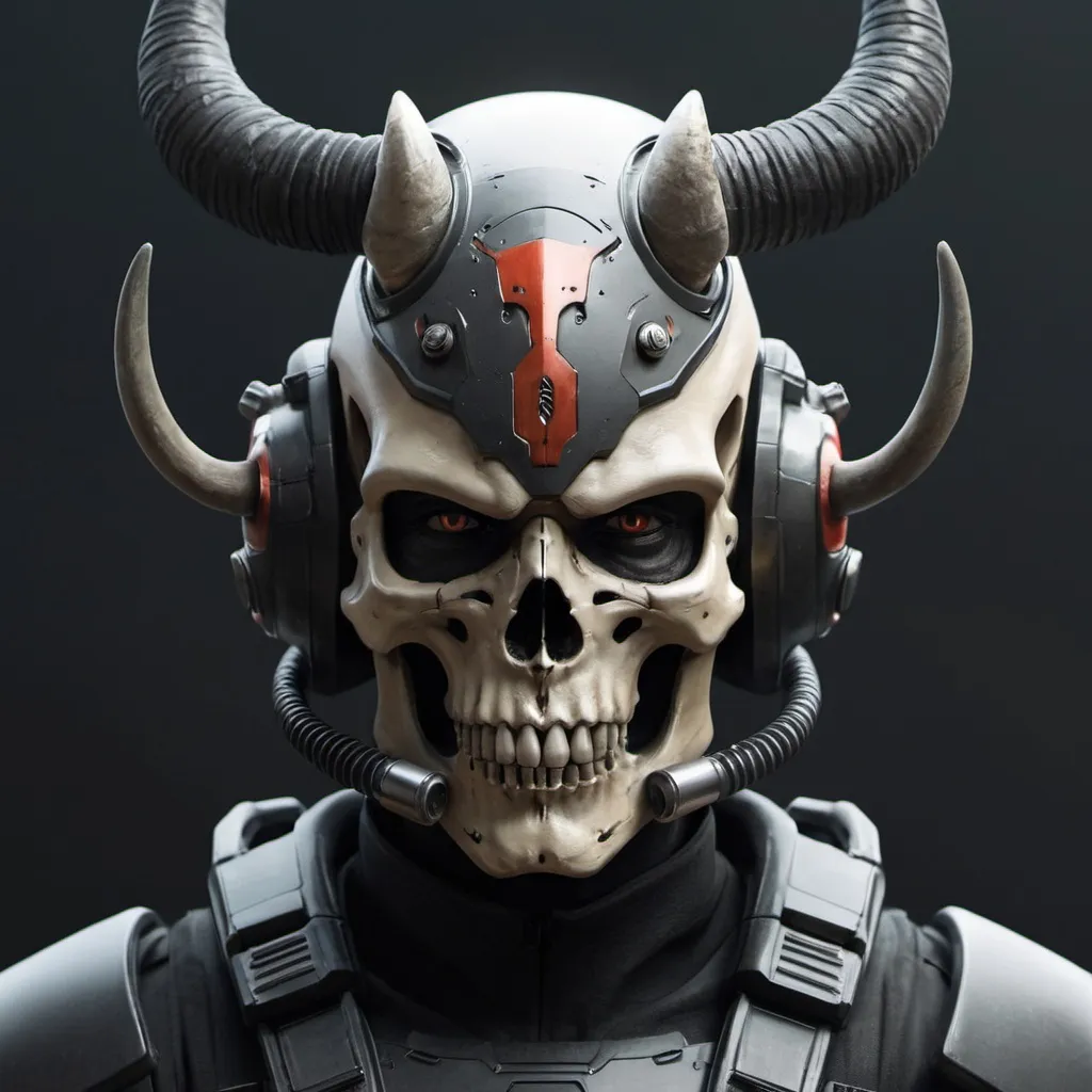 Prompt: Sci-fi soldier with horns and skull helmet 