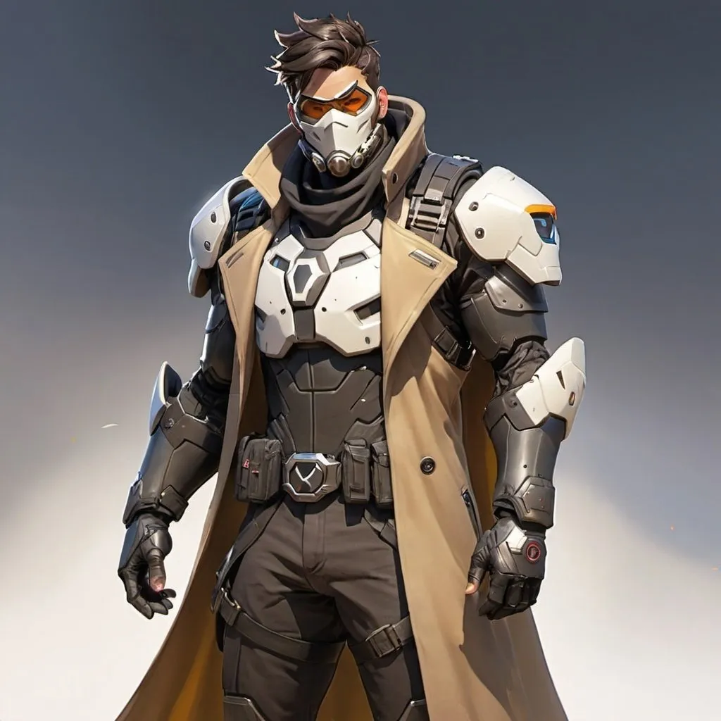 Prompt: Male overwatch soldier with Knight helmet in black and has a trench coat with a cape on the left shoulder 