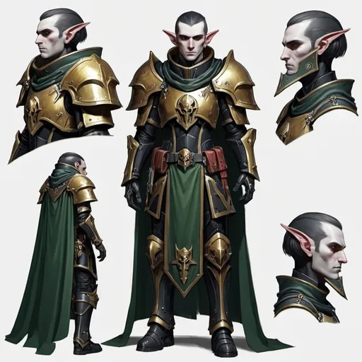 Prompt: Sci-fi male elf with Warhammer 40k armor design and shoulder cape with a sleek motif but also has a gothic design and helmet that has facemask 