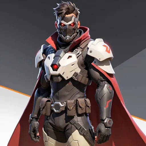 Prompt: Male overwatch soldier with Knight helmet in black and has a trench coat with a cape on the left shoulder and red eyes 