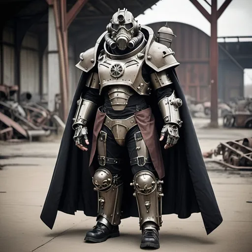 Prompt: Dieselpunk fallout power armor with gothic design and shoulder cape 