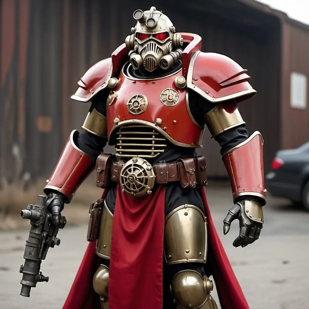 Prompt: Dieselpunk emperor with fallout power armor and shoulder cape that is scarlet 