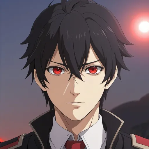 Prompt: Anime male protagonist with black hair and red eyes 
