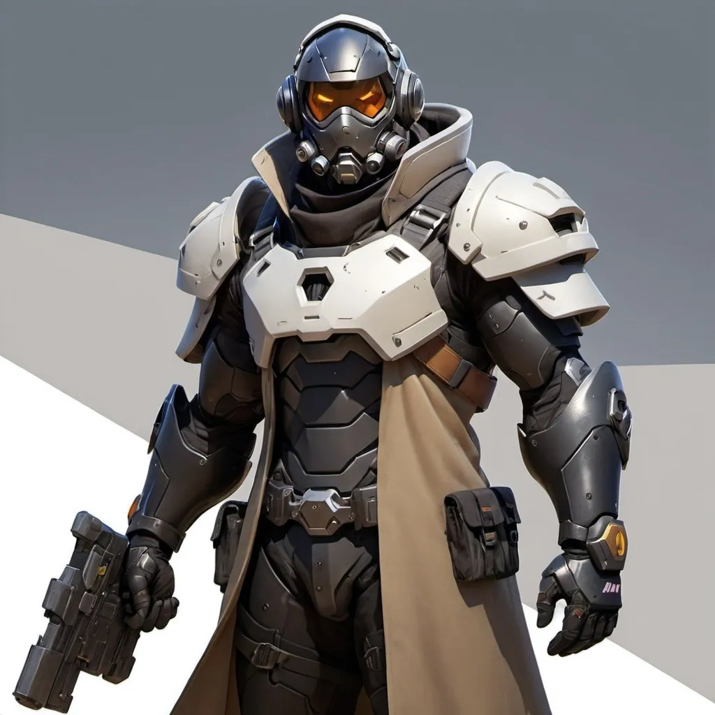 Prompt: Male overwatch soldier with Knight helmet in black and has a trench coat with a cape on the left shoulder in power armor 