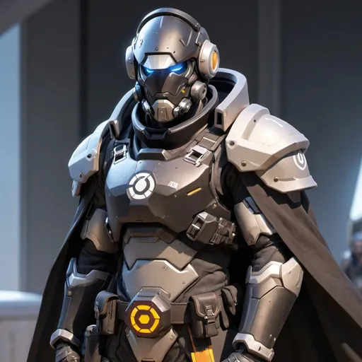 Prompt: Male overwatch soldier with Knight helmet in black and has a trench coat with a cape on the left shoulder in power armor 