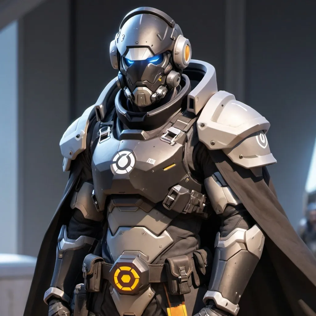 Prompt: Male overwatch soldier with Knight helmet in black and has a trench coat with a cape on the left shoulder in power armor 