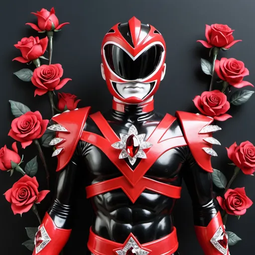 Prompt: Evil power ranger in black and red with crystal roses 