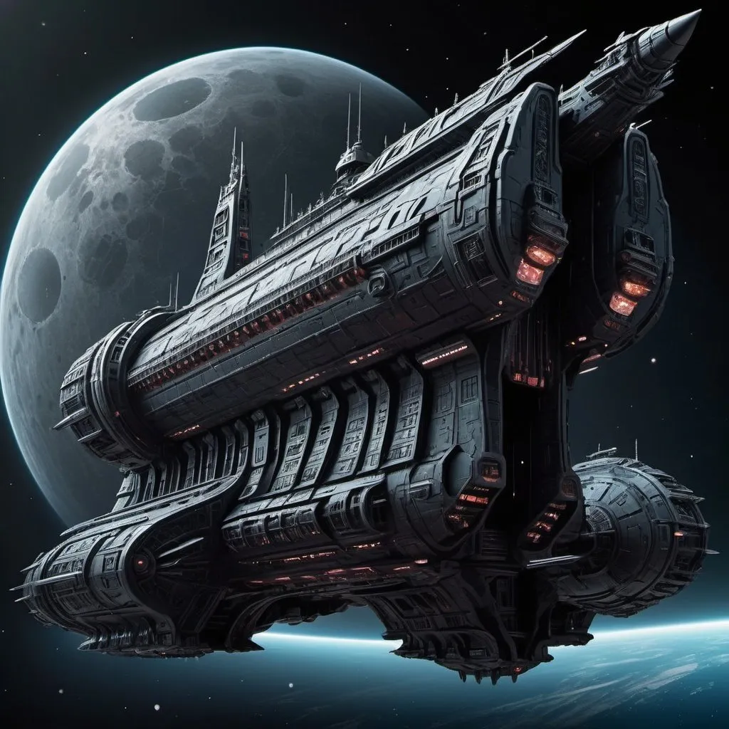 Prompt: Sci-fi battleship space ship with monolith design in Gothic detail 