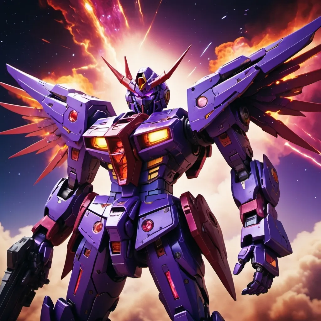 Prompt: Devil gundam mech with wings of red and purple energy blazing like the sun