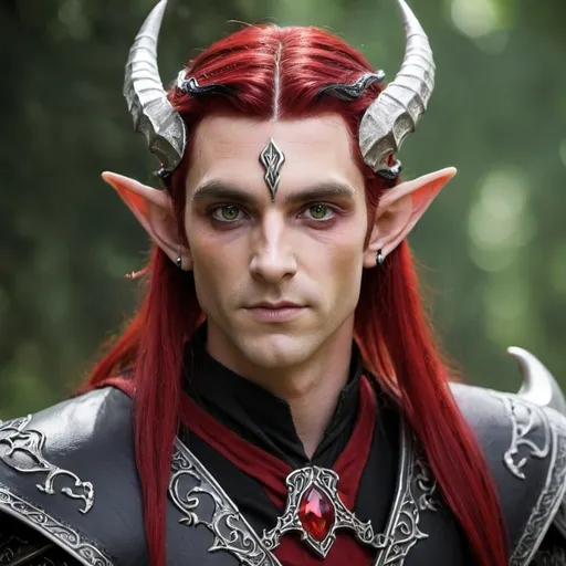 Prompt: Horned Elven male with red and black hair with silver eyes 