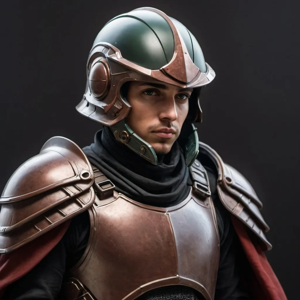 Prompt: Sci-fi Atreides soldier with shoulder cape and Knight helmet 