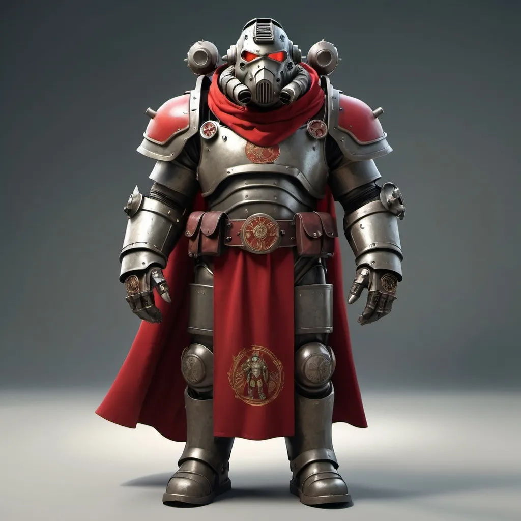 Prompt: Dieselpunk bulky fallout power armor with roman design with a crimson shoulder cape and crimson hooded helmet 