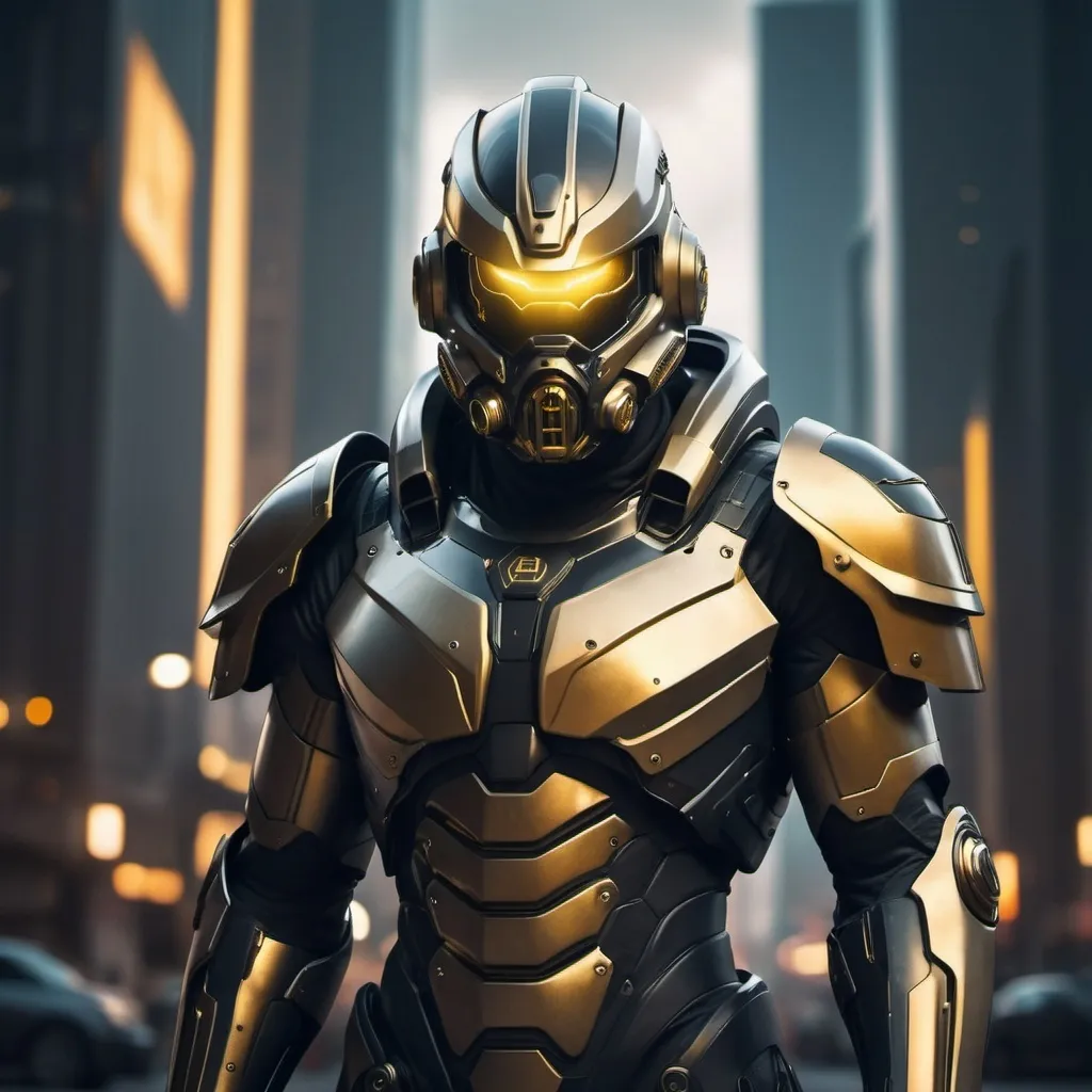 Prompt: Sci-fi male soldier with gold and black shoulder cape and power armor 