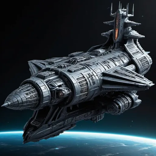 Prompt: Sci-fi battleship space ship with monolith design in Gothic detail 