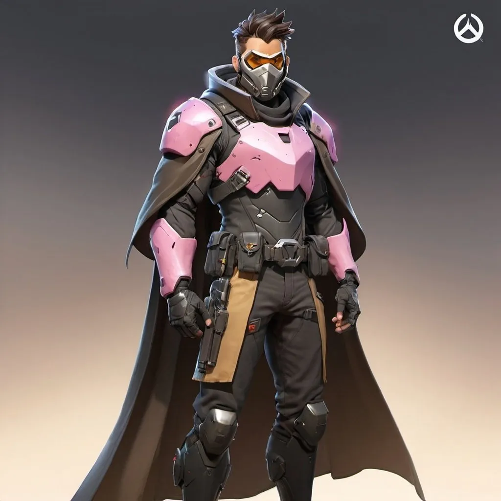 Prompt: Male overwatch soldier with Knight helmet in black and has a trench coat with a cape on the left shoulder in rose