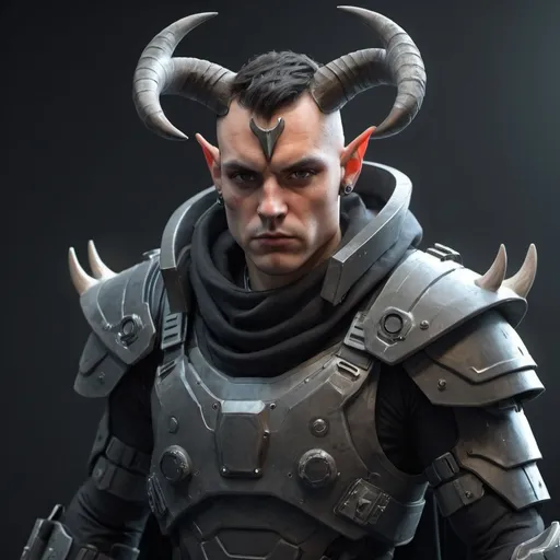 Prompt: Sci-fi soldier with horns and shoulder cape 