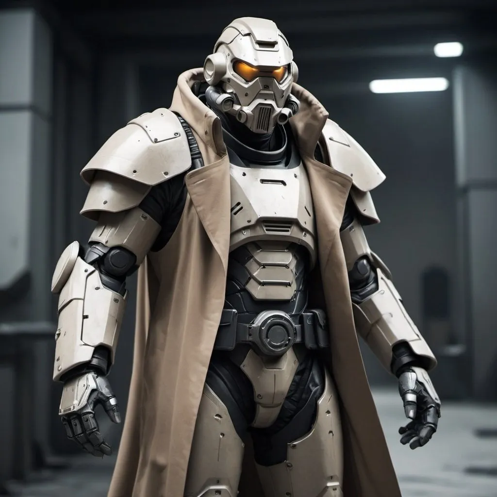 Prompt: Sci-fi soldier in power armor with a shoulder cape and trench coat 