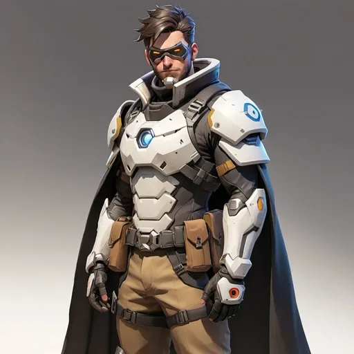 Prompt: Male overwatch soldier with Knight helmet in black and has a trench coat with a cape on the left shoulder 