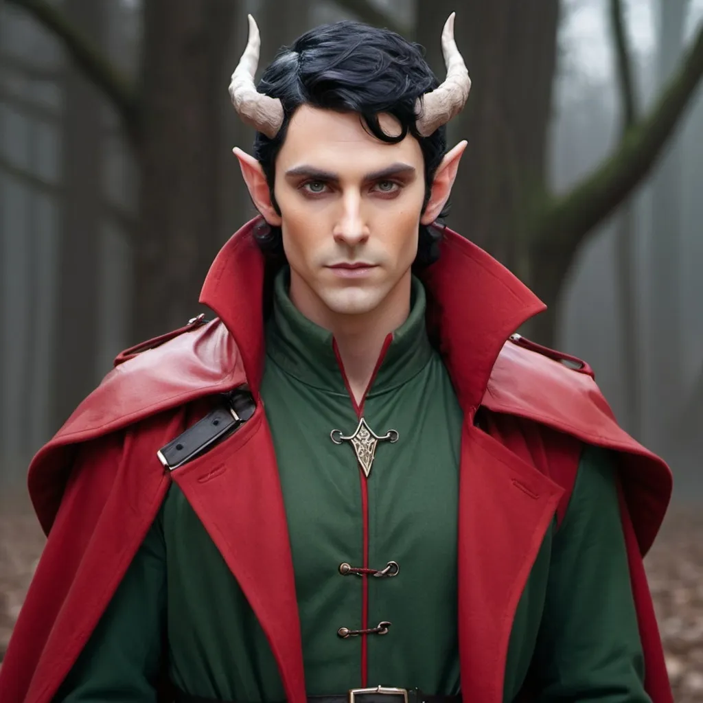 Prompt: Elf male with horns and black hair with red highlights, with a fine toned jawline and has a trench coat with a shoulder cape