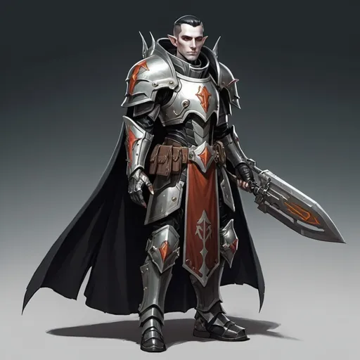 Prompt: Sci-fi male elf with Warhammer 40k armor design and shoulder cape with a sleek motif but also has a gothic design and helmet that has facemask 