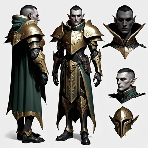 Prompt: Sci-fi male elf with Warhammer 40k armor design and shoulder cape with a sleek motif but also has a gothic design and has on an Knight helmet  with mask 