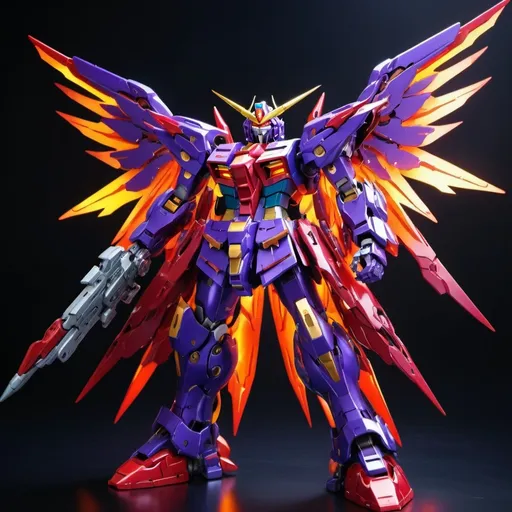 Prompt: Devil gundam mech with wings of red and purple energy blazing like the sun