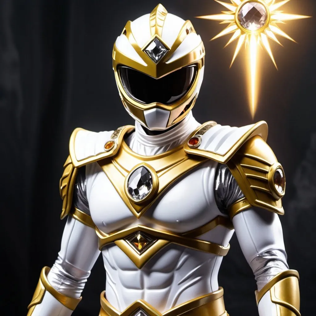 Prompt: White and gold power ranger Knight with crystal sun in the middle of the chest 