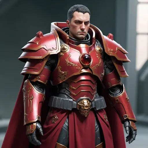 Prompt: Sci-fi male emperor with crimson shoulder cape and power armor 