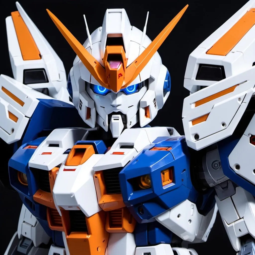 Prompt: White and blue gundam with orange eyes 