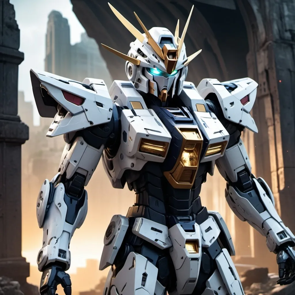 Prompt: Gundam Alus with sleek armor and roman design with a hint of elven style in raven color 